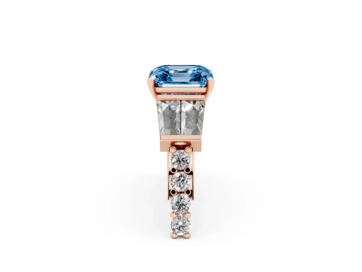 Fancy Blue Asscher Cut Diamond Engagement Ring with Baguette Side Stones and Channel Set Band Rose gold