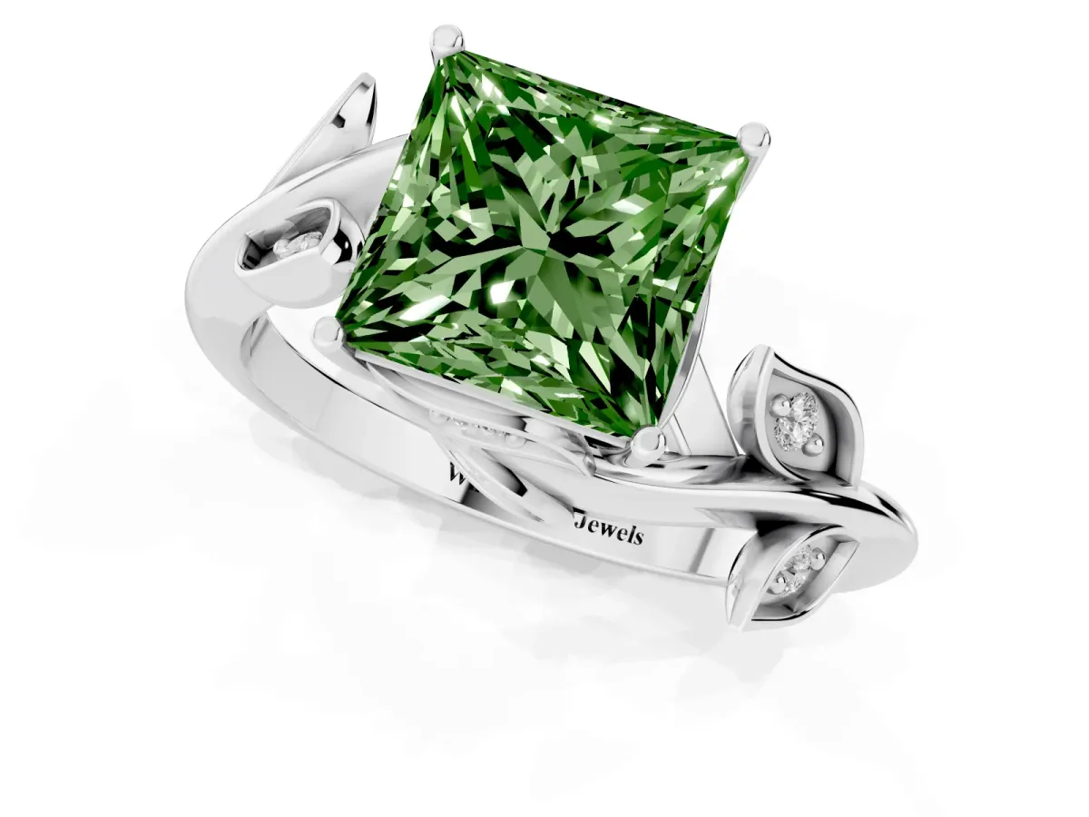 Fancy Green Princess Cut Solitaire Twist Engagement Ring with Leaf Accents and Prong Setting Silver