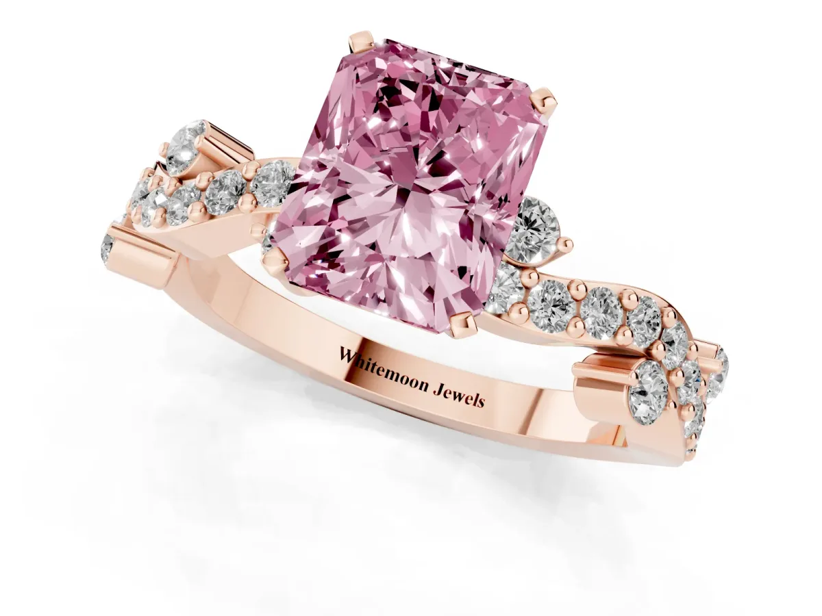 Fancy Pink Radiant Cut Cut Solitaire Diamond Twisted Band with Pave Setting Rose gold