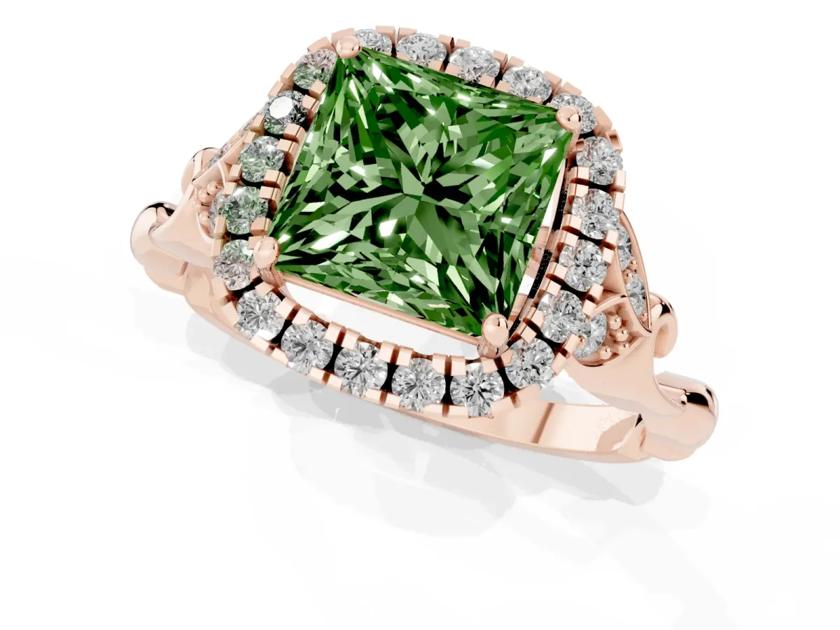 Fancy Green Princess Cut Halo Diamond Engagement Ring with Vintage-Inspired Band and Four-Prong Setting Rose gold