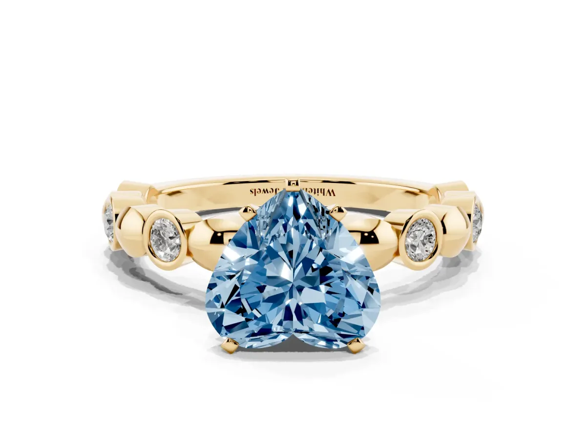 Fancy Blue Heart Cut Solitaire Bezel-Set Diamond Ring with Beaded Band and Four-Prong Setting Yellow gold