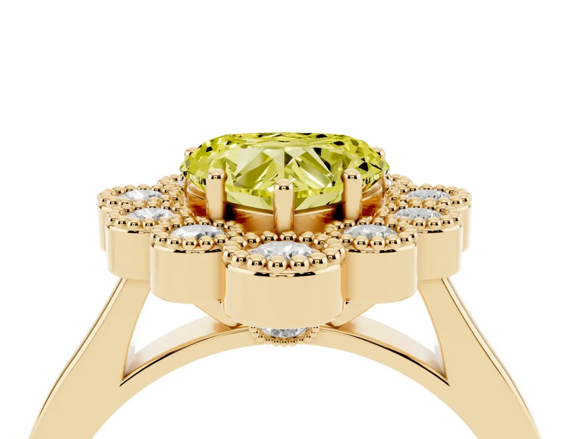 Fancy Yellow Heart Cut Halo Diamond Cluster Engagement Ring with Milgrain Bezel Setting and Solitaire Band Yellow gold