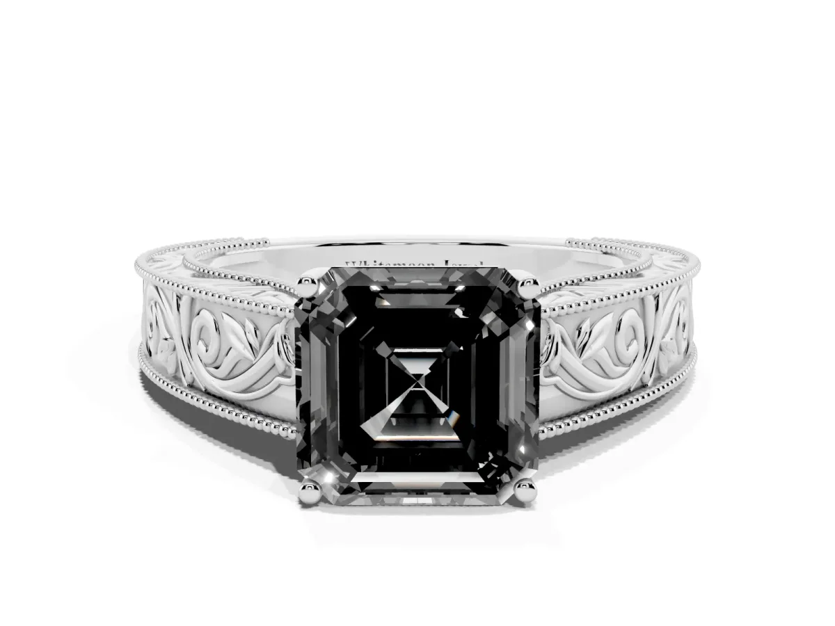Fancy Black Asscher Cut Diamond Solitaire Ring with Engraved Band and Four-Prong Setting Platinum