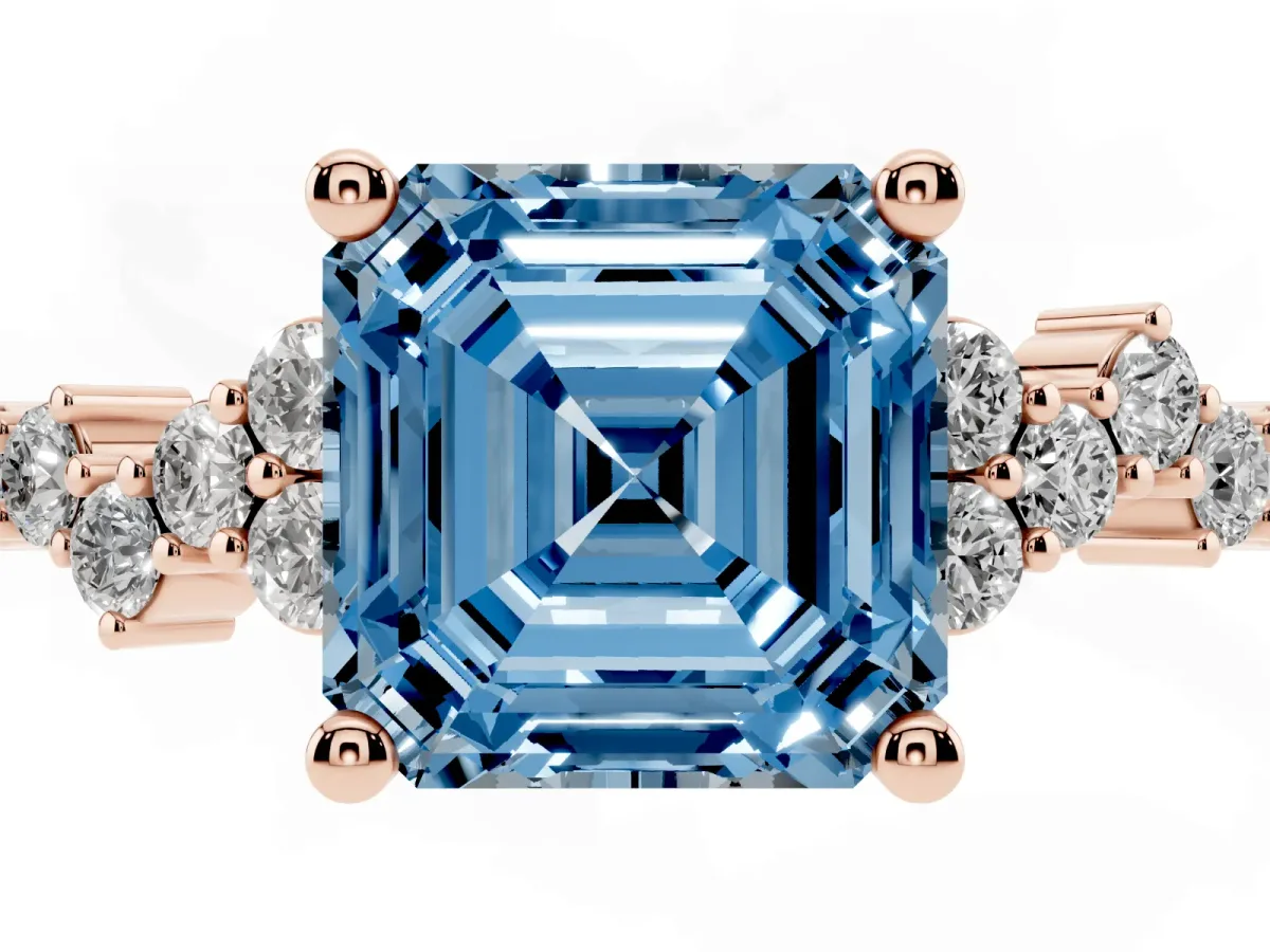 Fancy Blue Asscher Cut Diamond Scattered Round Accent Ring with Prong Setting Rose gold