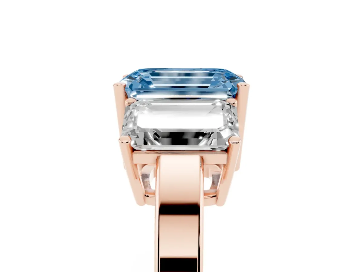 Fancy Blue Three-Stone Emerald Cut Cut Diamond Engagement Ring with Flat Band and Four-Prong Setting Rose gold