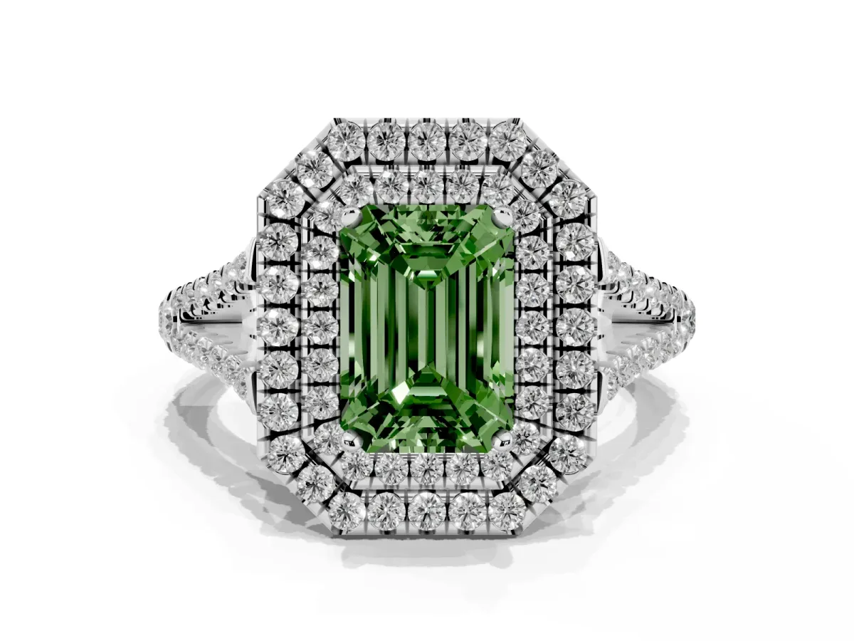 Fancy Green Emerald Cut Diamond Double Halo Ring with Pavé Band and Prong Setting Silver