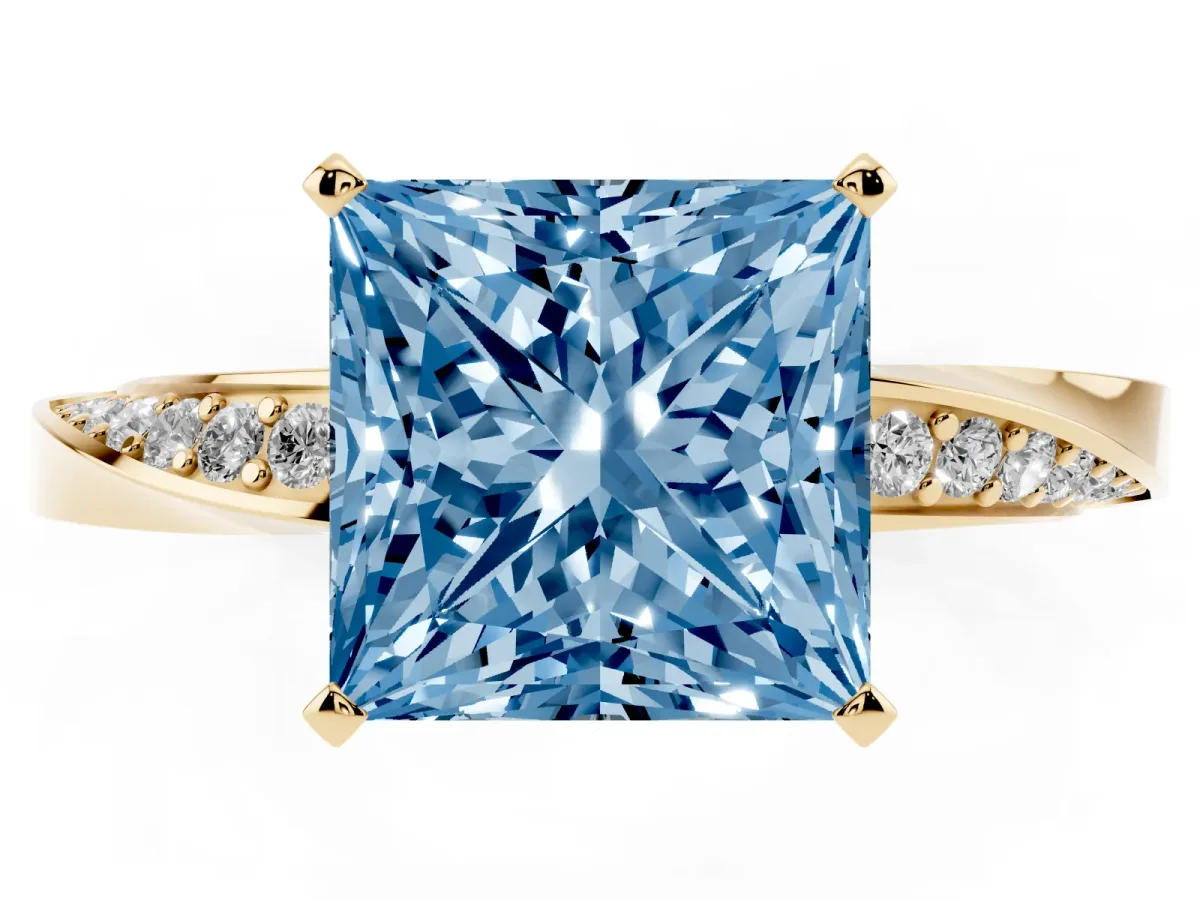 Fancy Blue Princess Cut Diamond Engagement Ring with Side Stone Accents and Four-Prong Setting Yellow gold