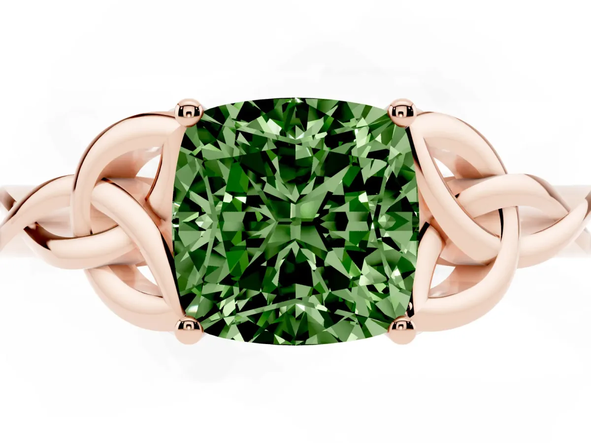 Fancy Green Cushion Cut Diamond Solitaire Engagement Ring with Celtic Knot Band and Four-Prong Setting Rose gold