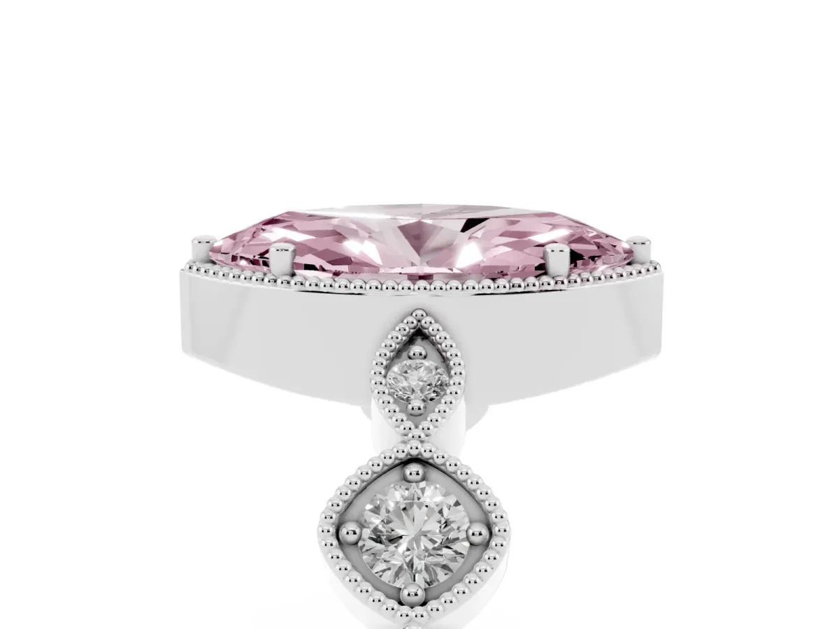 Fancy Pink Marquise Cut Diamond Vintage Milgrain Ring with Round Stations Silver