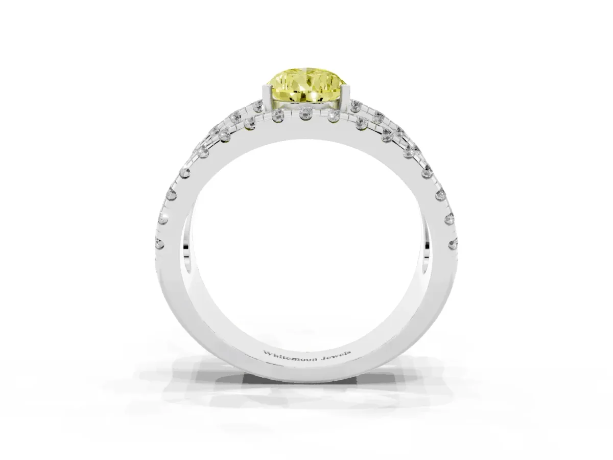 Fancy Yellow Pear Cut Solitaire Split Shank Pave Diamond Ring Silver