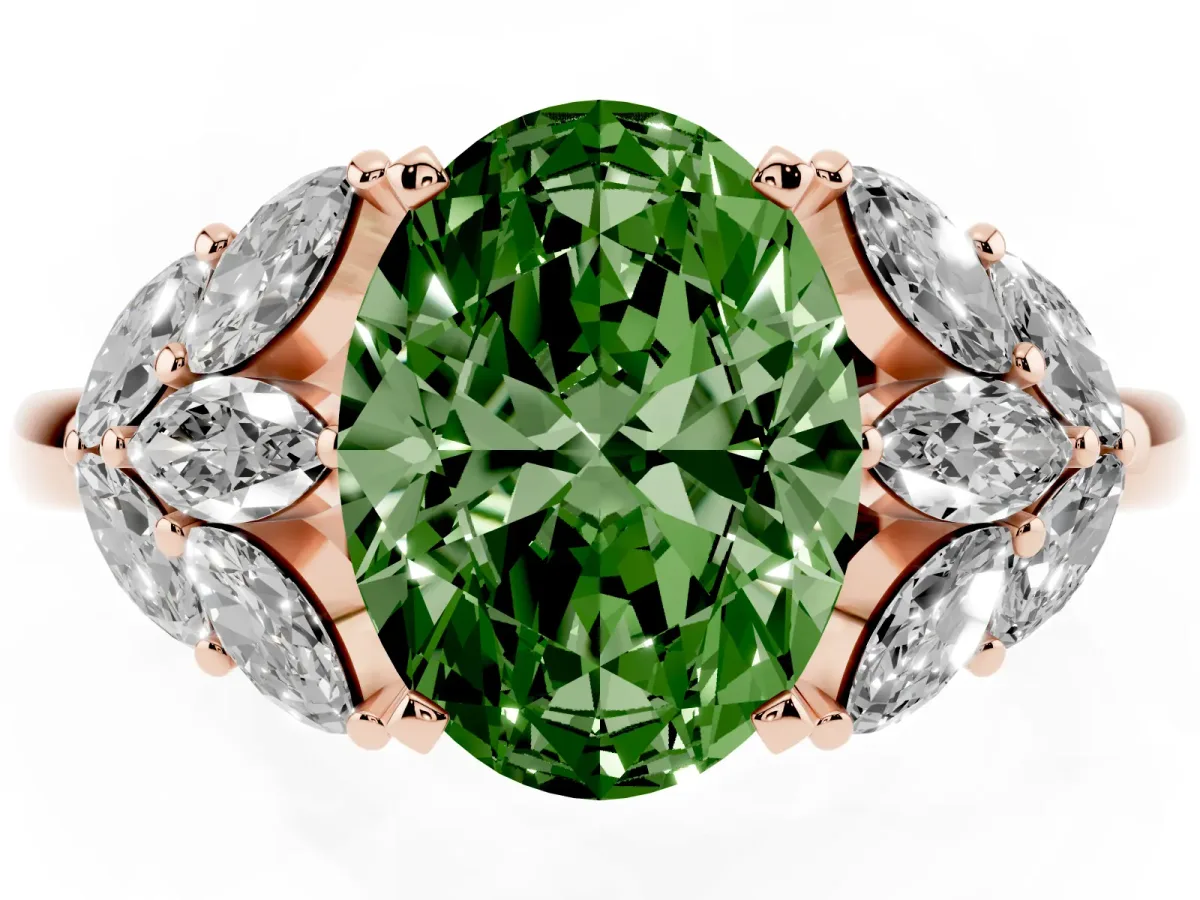 Fancy Green Oval Cut Diamond Cluster Leaf Design Ring with Prong Setting Rose gold