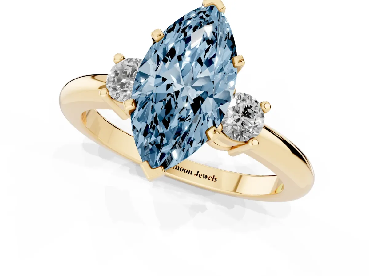Fancy Blue Three-Stone Marquise Cut Cut Diamond Solitaire with Prong Setting and Classic Band Yellow gold