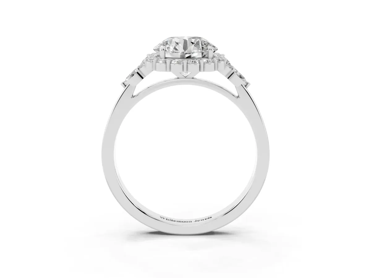 Round Cut Diamond Halo Ring with Pear Side Stones and Prong Setting Platinum