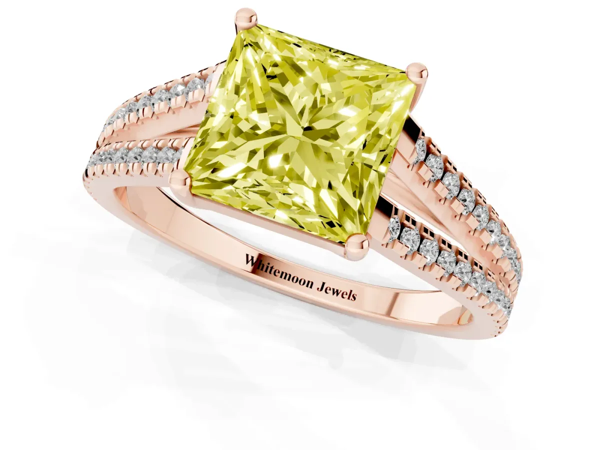 Fancy Yellow Princess Cut Diamond Solitaire Engagement Ring with Split Shank Pavé Band Rose gold