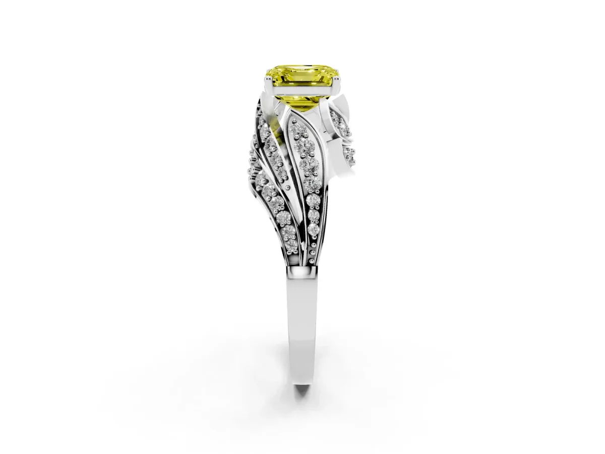 Fancy Yellow Asscher Cut Diamond Solitaire Ring with Prong Setting and Twisted Pavé Band Silver