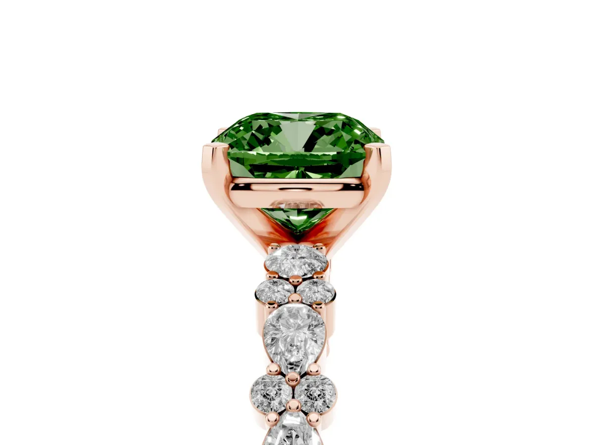 Fancy Green Cushion Cut Diamond Side Stone Solitaire Ring with Round and Four-Prong Setting Rose gold