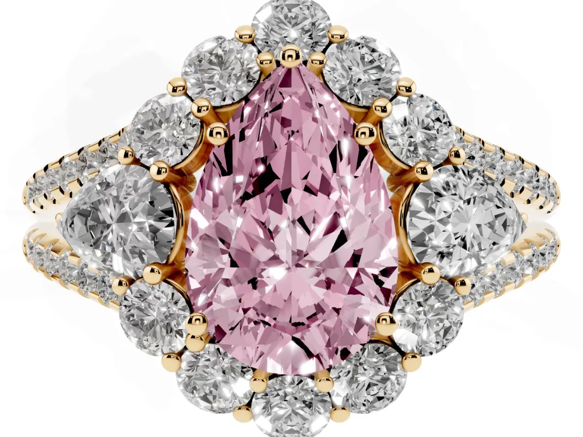 Fancy Pink Pear Cut Halo Split Shank Diamond Engagement Ring with Prong Setting Yellow gold