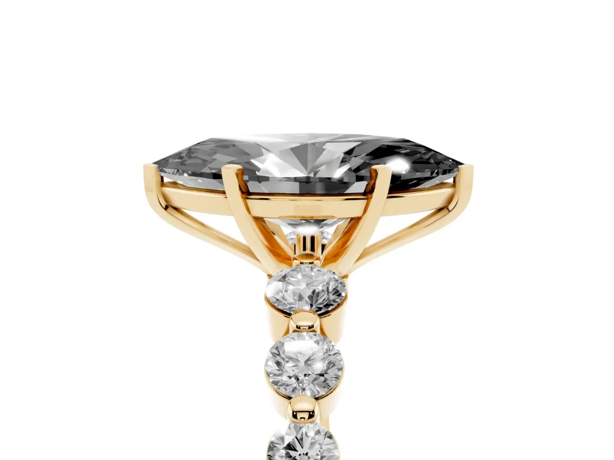 Fancy Black Marquise Cut Solitaire Diamond Ring with Pave Band and Four-Prong Setting Yellow gold