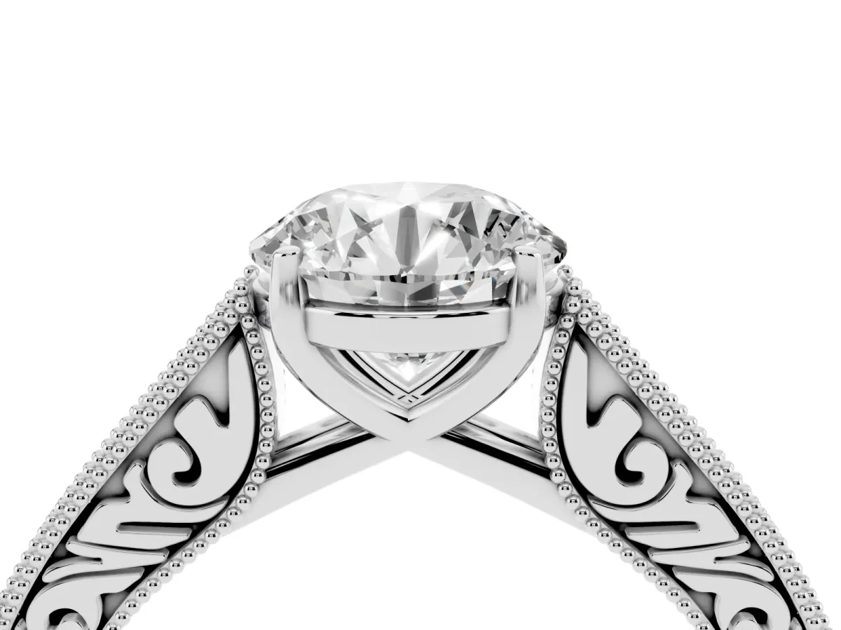 Round Cut Cut Pave Band Milgrain Solitaire Ring White gold