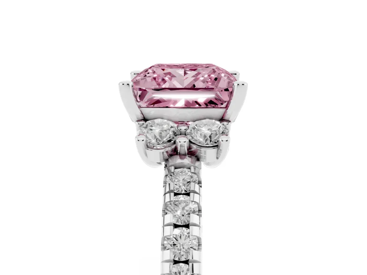 Fancy Pink Princess Cut Diamond Three-Stone Pave Band with Four-Prong Setting Silver