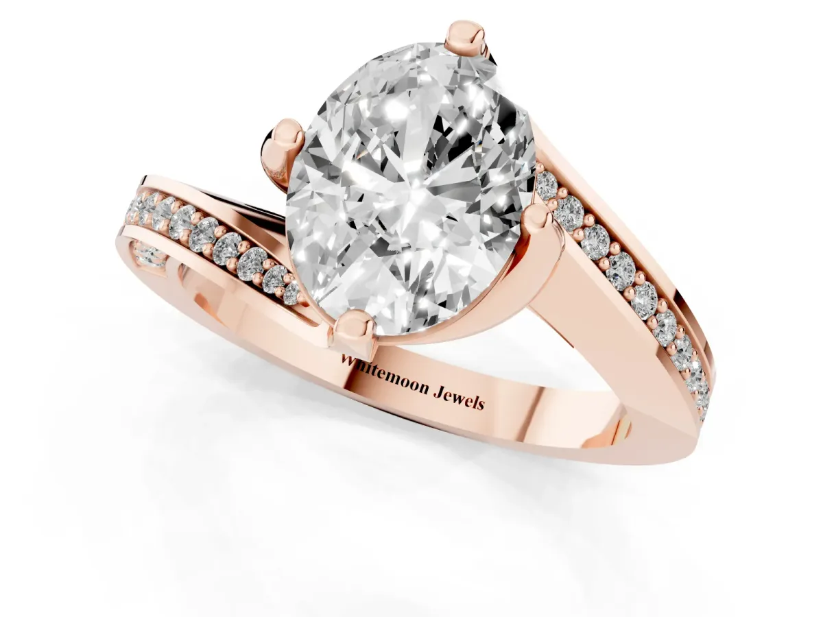 Oval Cut Solitaire Diamond Twist Band with Pavé Setting and Four-Prong Setting Rose gold