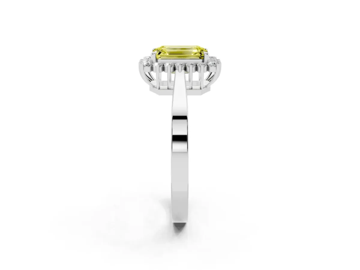 Fancy Yellow Emerald Cut Cut Diamond Halo Ring with Round Brilliant Halo and Solitaire Band Silver