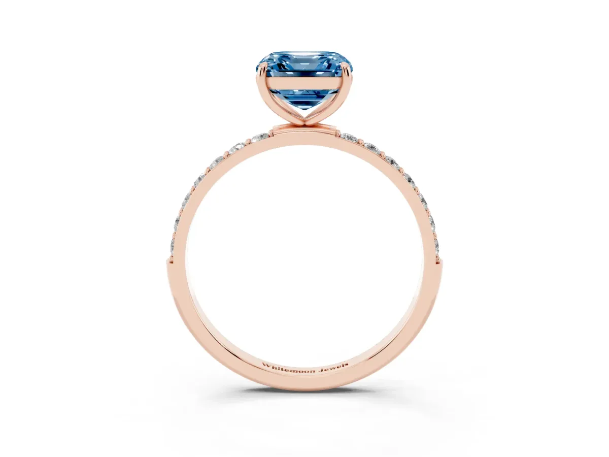 Fancy Blue Asscher Cut Diamond Solitaire Ring with Round Pavé Shoulders and Prong Setting Rose gold
