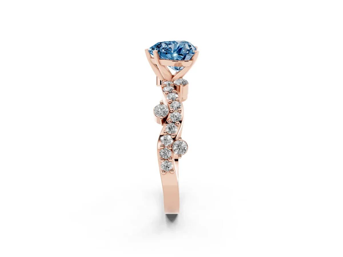 Fancy Blue Heart Cut Cut Solitaire Diamond Twisted Band with Pave Setting Rose gold