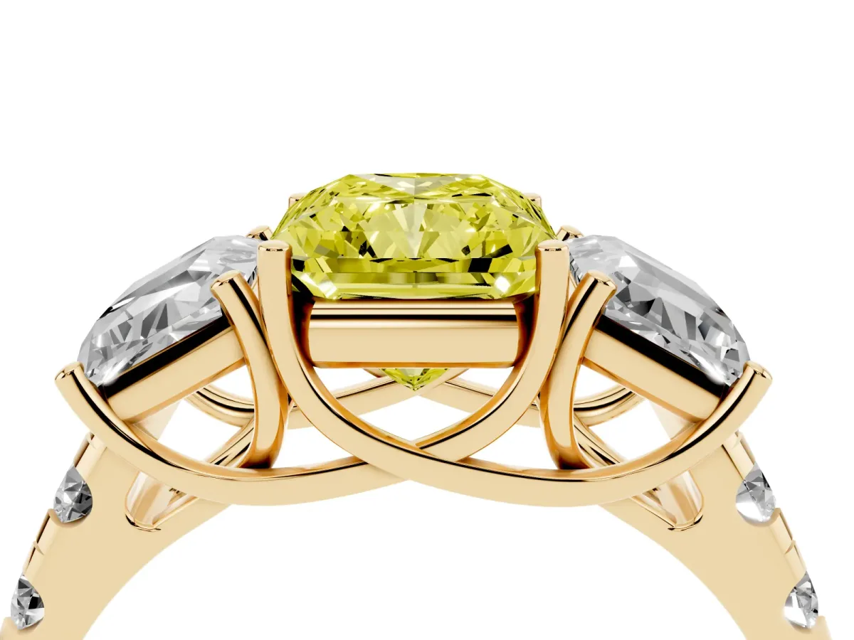 Fancy Yellow Three-Stone Radiant Cut Diamond Pavé Band with Prong Setting Yellow gold