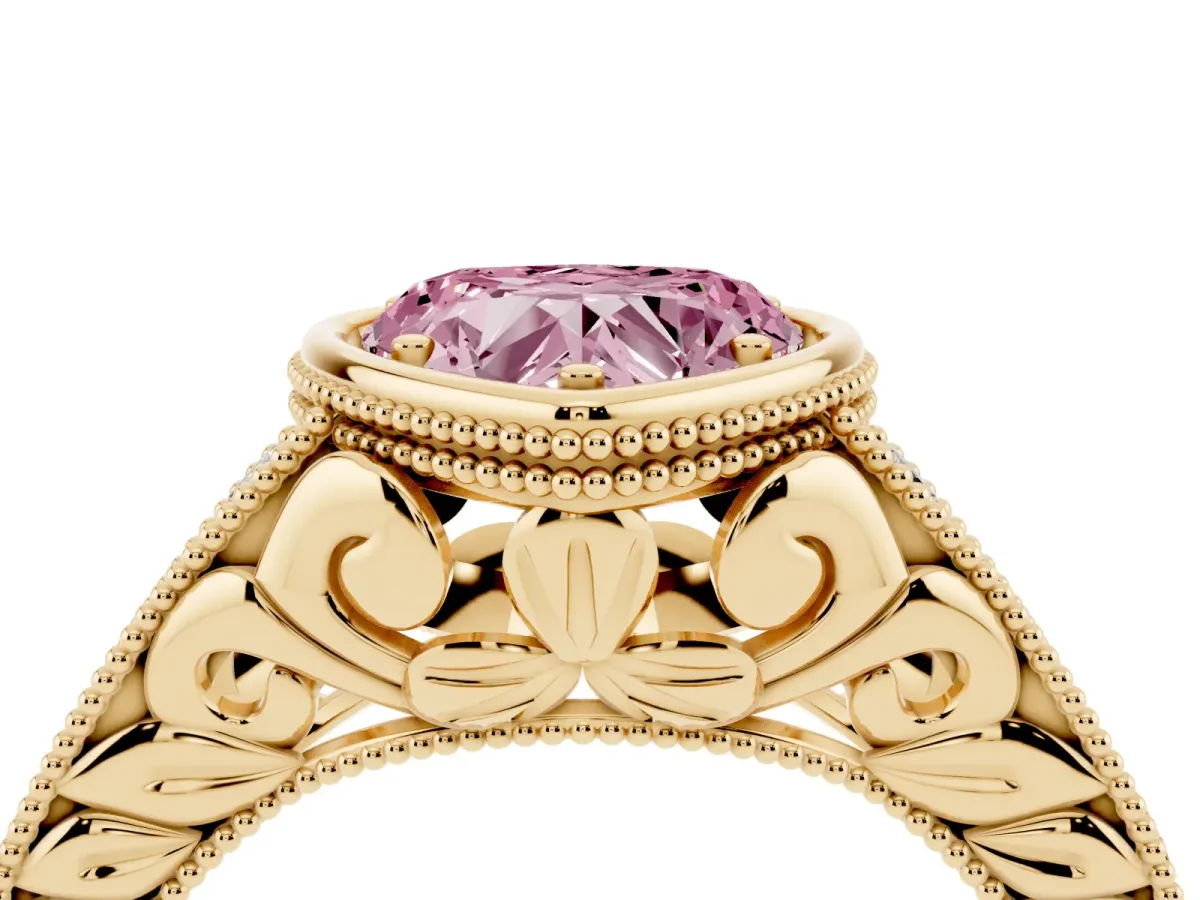 Fancy Pink Bezel Set Heart Cut Diamond Milgrain Pave Engagement Ring Yellow gold