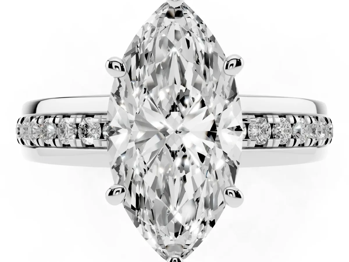 Marquise Cut Solitaire Diamond Ring with Channel Set Band and Six-Prong Setting Silver