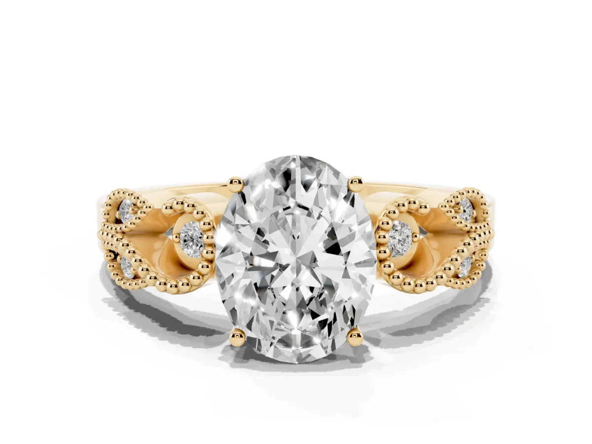 Oval Cut Solitaire Milgrain Leaf Band with Prong Setting Yellow gold