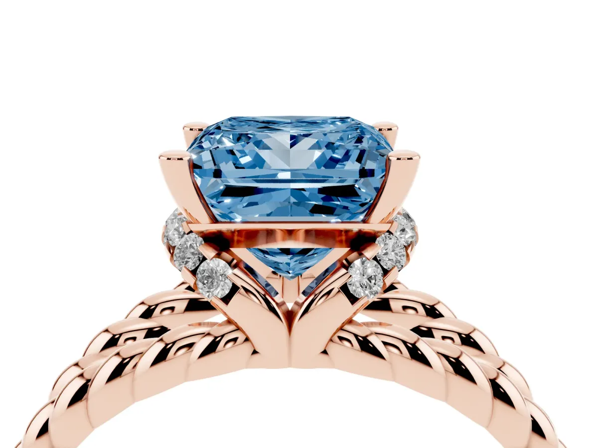 Fancy Blue Princess Cut Halo Twisted Band Four-Prong Ring Rose gold