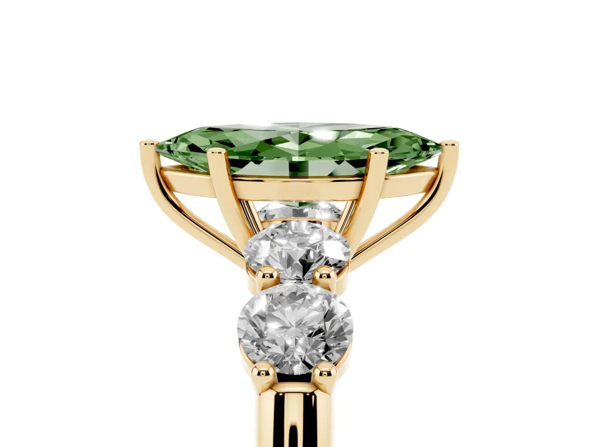 Fancy Green Marquise Cut Cut Five-Stone Prong Set Diamond Ring with Classic Band Yellow gold