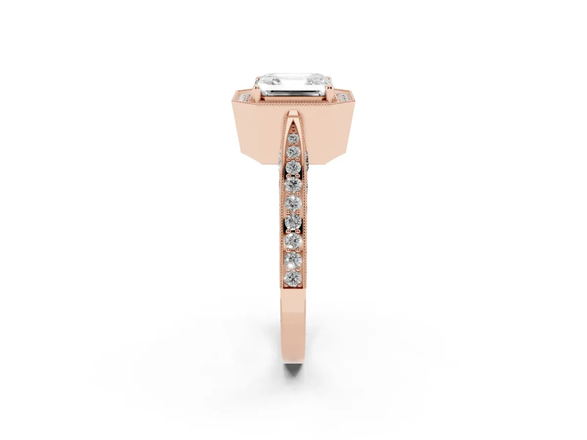 Asscher Cut Halo Diamond Engagement Ring with Split Shank Band and Four-Prong Setting Rose gold