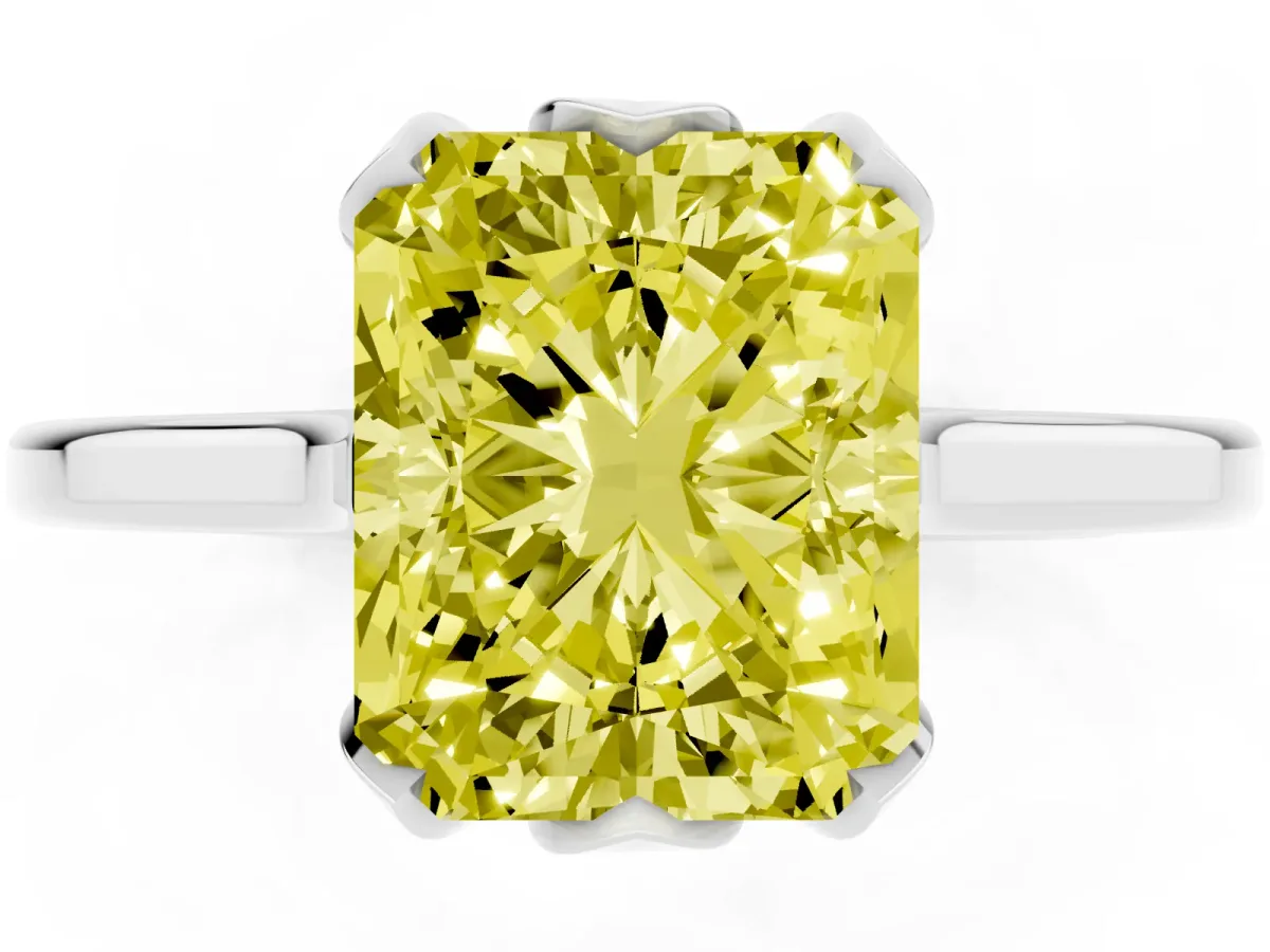 Fancy Yellow Radiant Cut Diamond Solitaire Ring with Flower Prong Setting and Classic Band Platinum