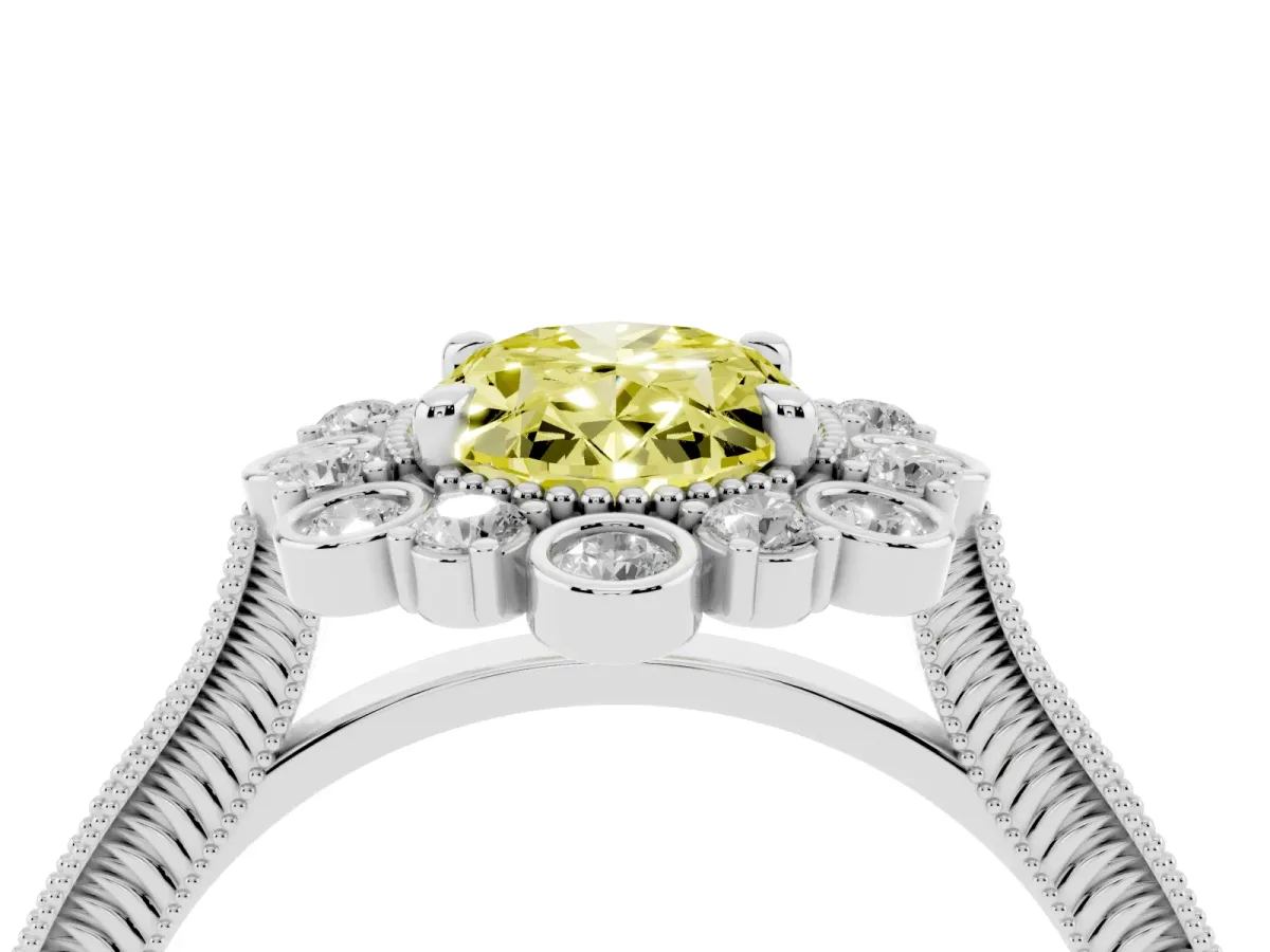 Fancy Yellow Oval Cut Halo Milgrain Pave Diamond Ring with Four-Prong Setting Silver