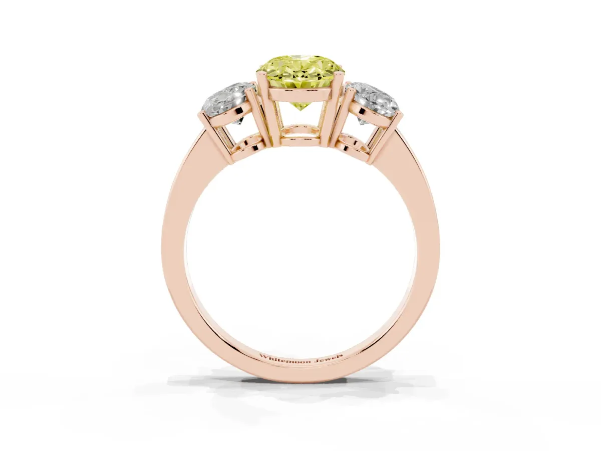 Fancy Yellow Three-Stone Oval Cut Cut Diamond Engagement Ring with Flat Band and Four-Prong Setting Rose gold
