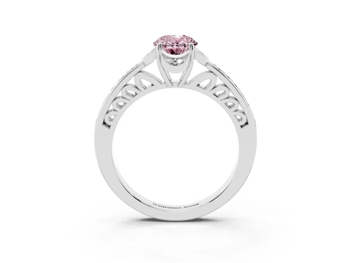 Fancy Pink Oval Cut Cut Halo Diamond Ring with Channel Set Band and Four-Prong Setting Silver