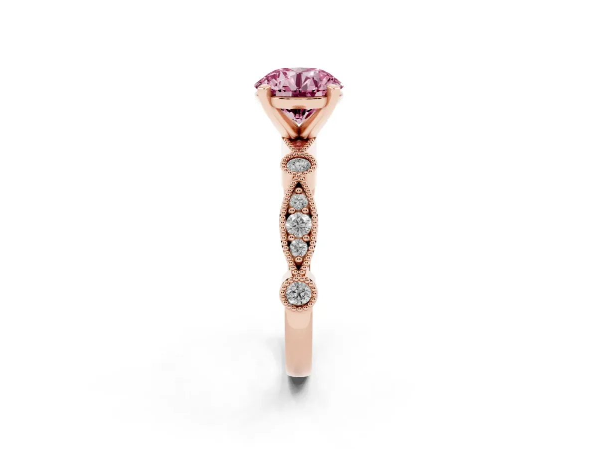 Fancy Pink Round Cut Milgrain Bezel Diamond Engagement Ring with Solitaire Prong Setting Rose gold