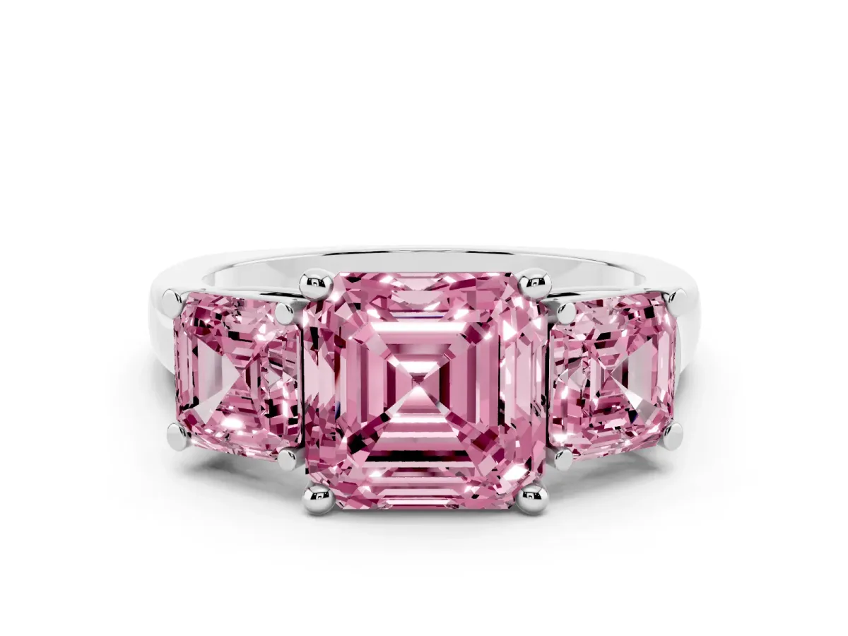 Fancy Pink Three-Stone Asscher Cut Brilliant Diamond Trellis Ring with Comfort Fit Band Silver