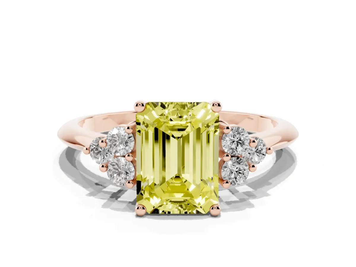 Fancy Yellow Emerald Cut Cut Diamond Cluster Ring with Solitaire Band and Four-Prong Setting Rose gold