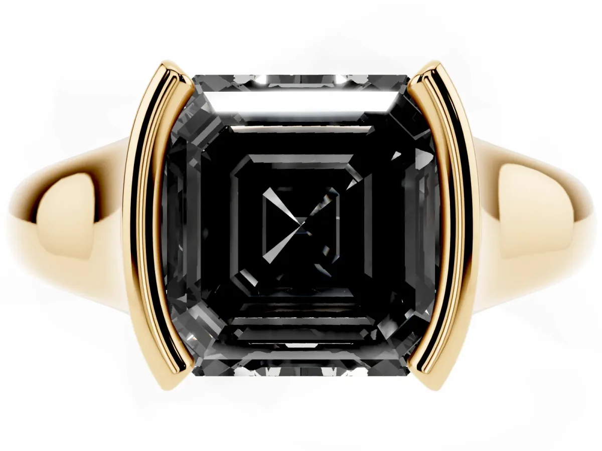 Fancy Black Asscher Cut Solitaire Tension Set Diamond Ring with Split Shank Band Yellow gold