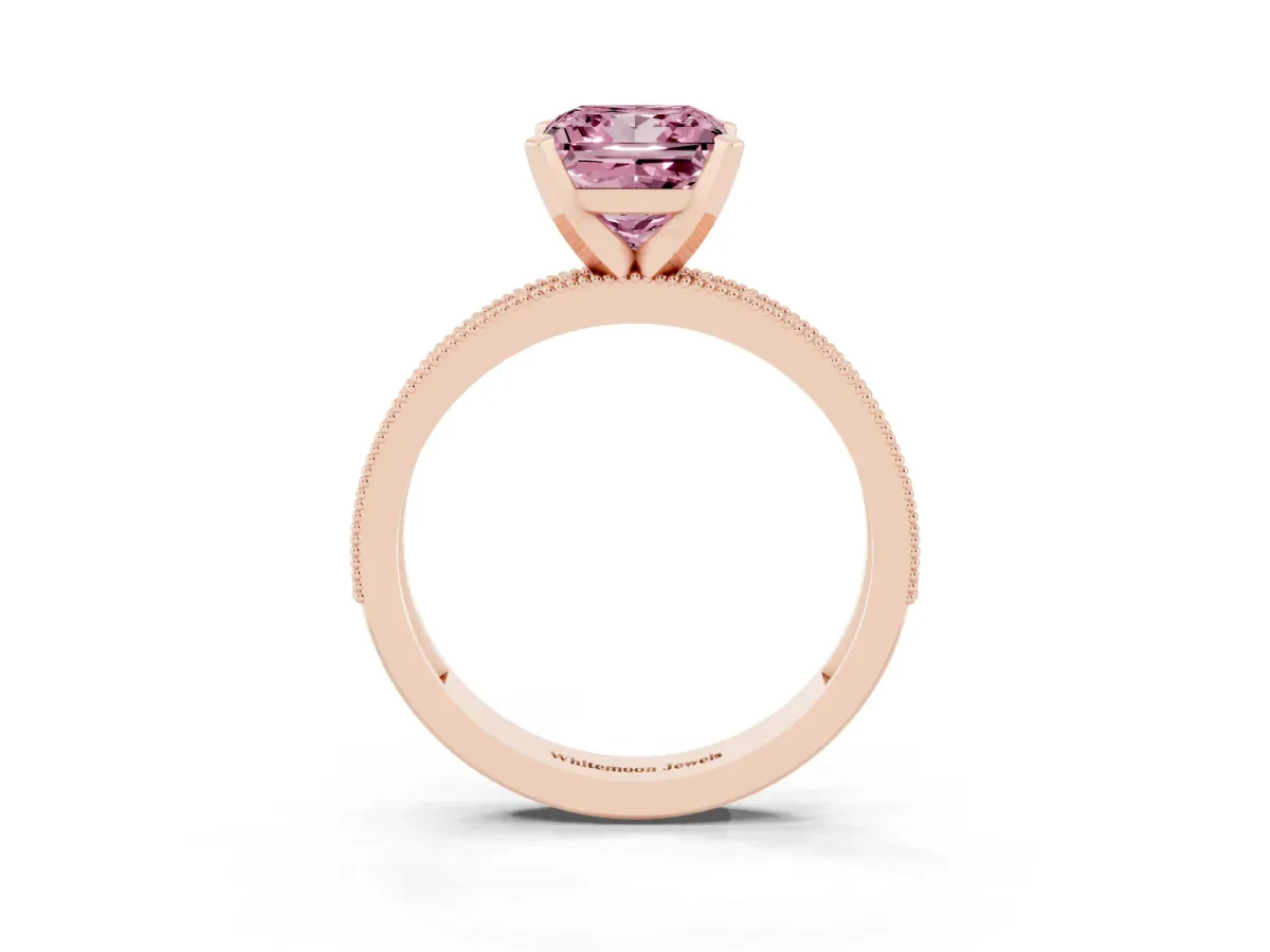 Fancy Pink Princess Cut Diamond Milgrain Pavé Engagement Ring with Four-Prong Setting Rose gold
