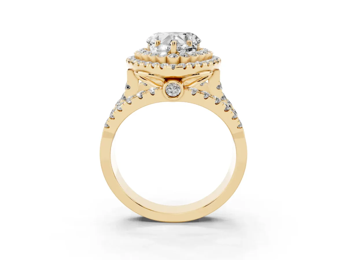 Heart Cut Diamond Double Halo Ring with Round Pavé Split Shank and Prong Setting Yellow gold