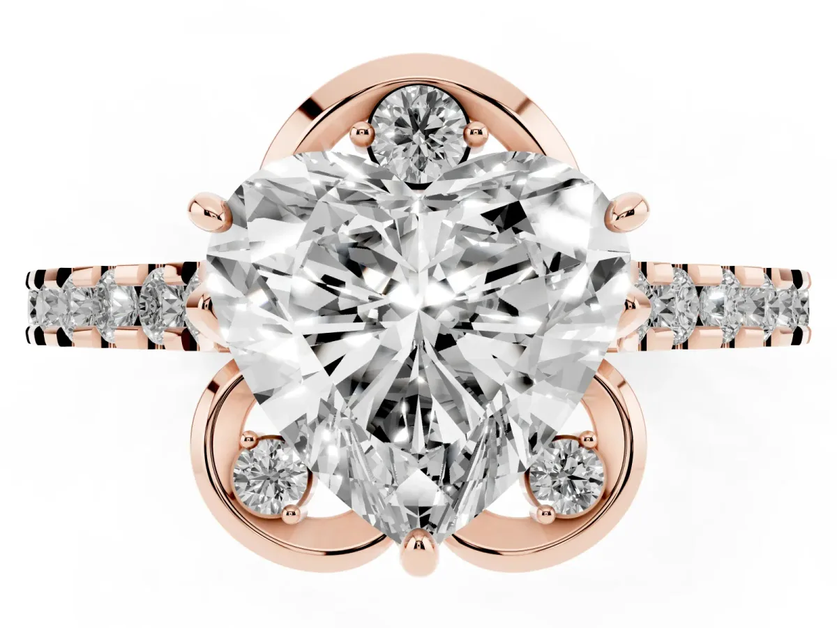 Heart Cut Diamond Ring with Pavé Band and Floral Prong Setting Rose gold