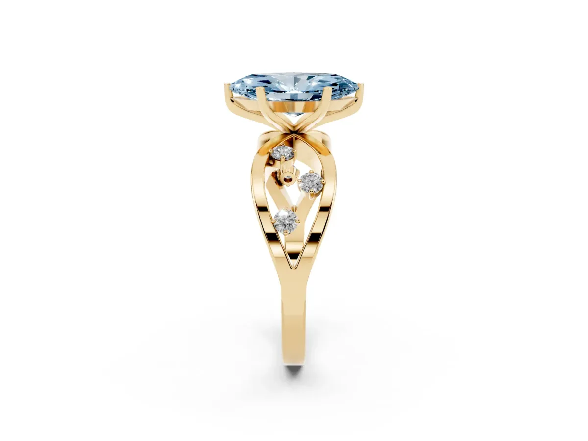 Fancy Blue Marquise Cut Cut Solitaire Diamond with Side Stones on Criss-Cross Band and Four-Prong Setting Yellow gold