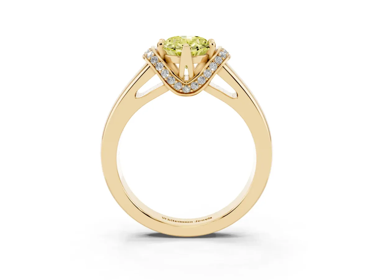 Fancy Yellow Oval Cut Solitaire Diamond Ring with Pave Band and Six-Prong Setting Yellow gold