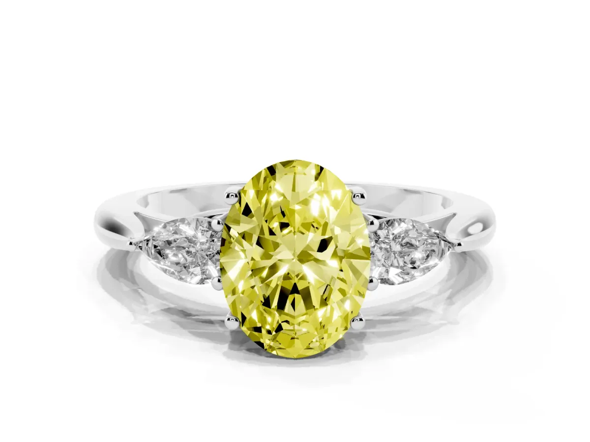 Fancy Yellow Oval Cut Diamond Three-Stone Ring with Pear Side Stones and Prong Setting Silver