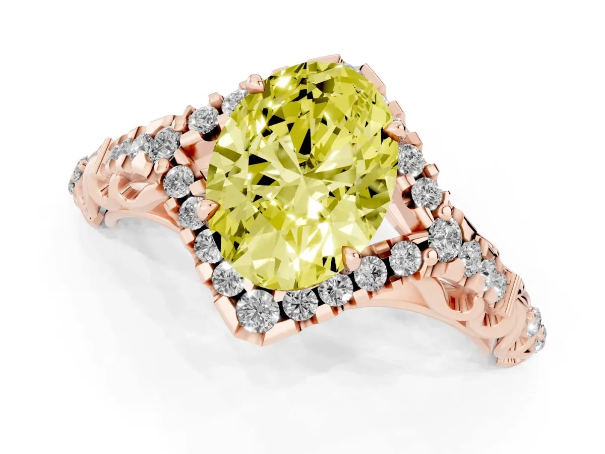 Fancy Yellow Oval Cut Diamond Solitaire Ring with Hidden Halo and Pavé Band Rose gold